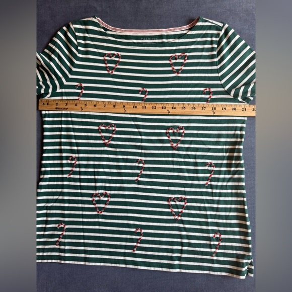 Talbots Bateau Neck Tee Candy Cane Holiday Stripe Women’s SZ XL Green White - Picture 8 of 9